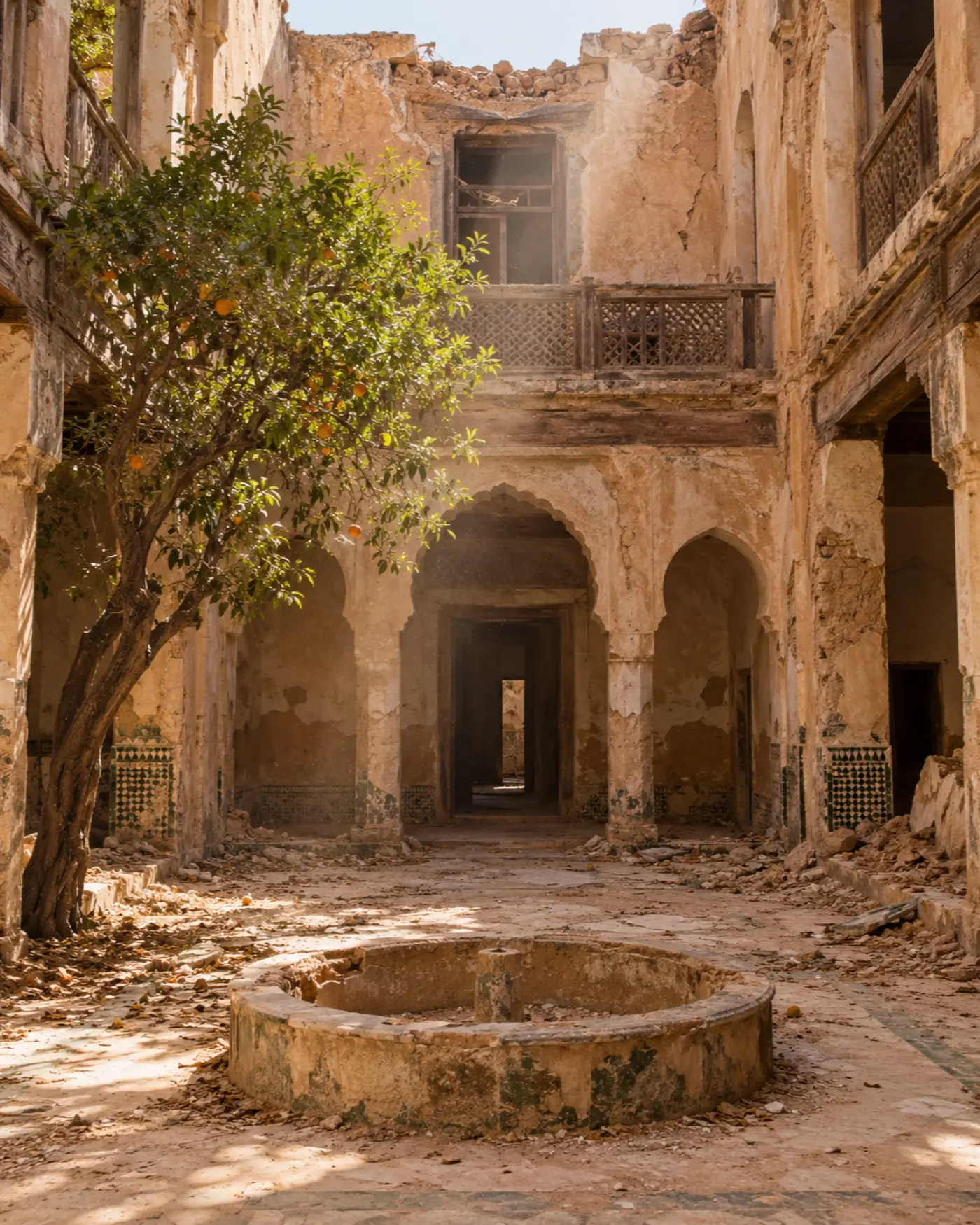 The courtyard in ruins in 2018