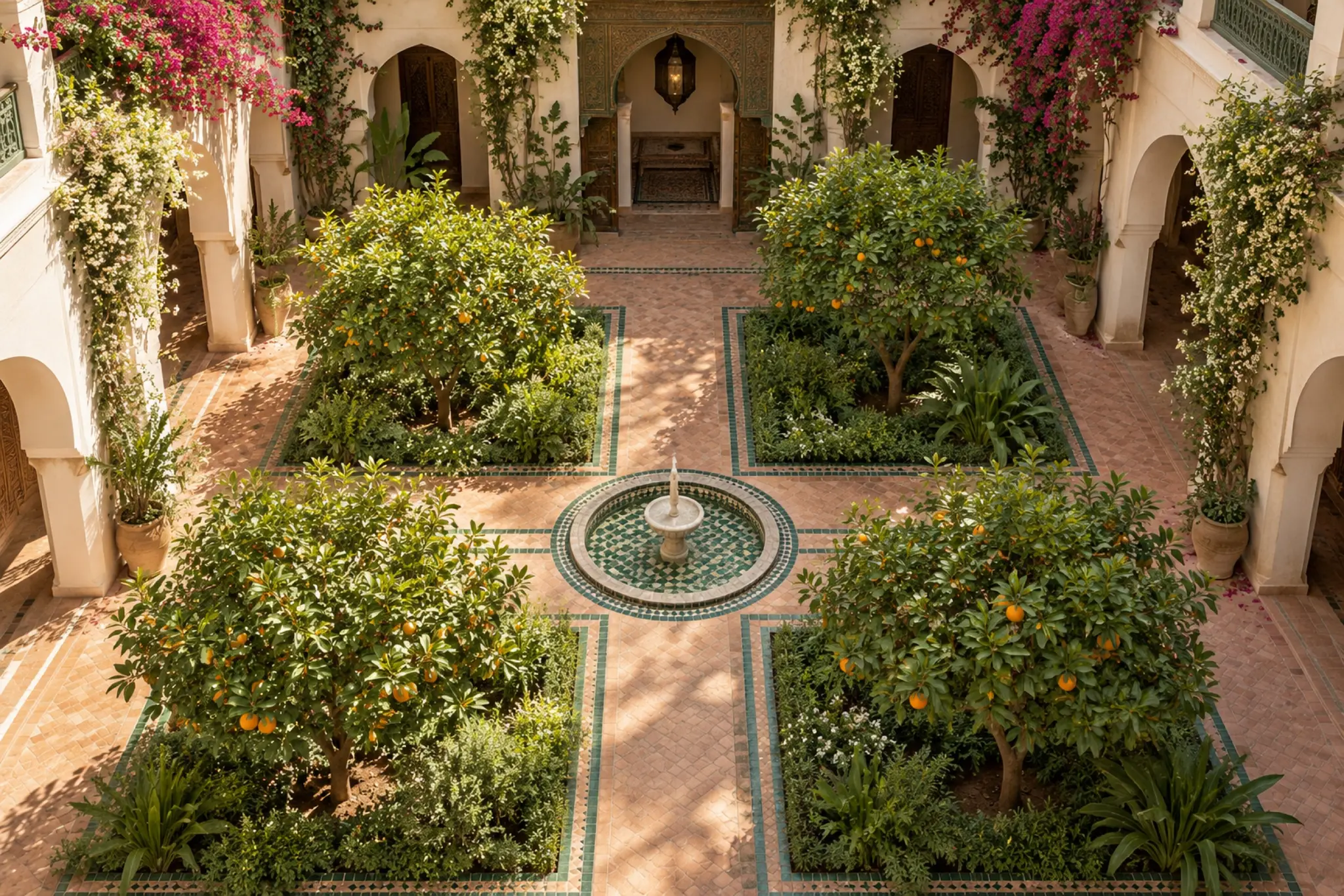 The orange-tree garden at the heart of the riad, seen from the gallery