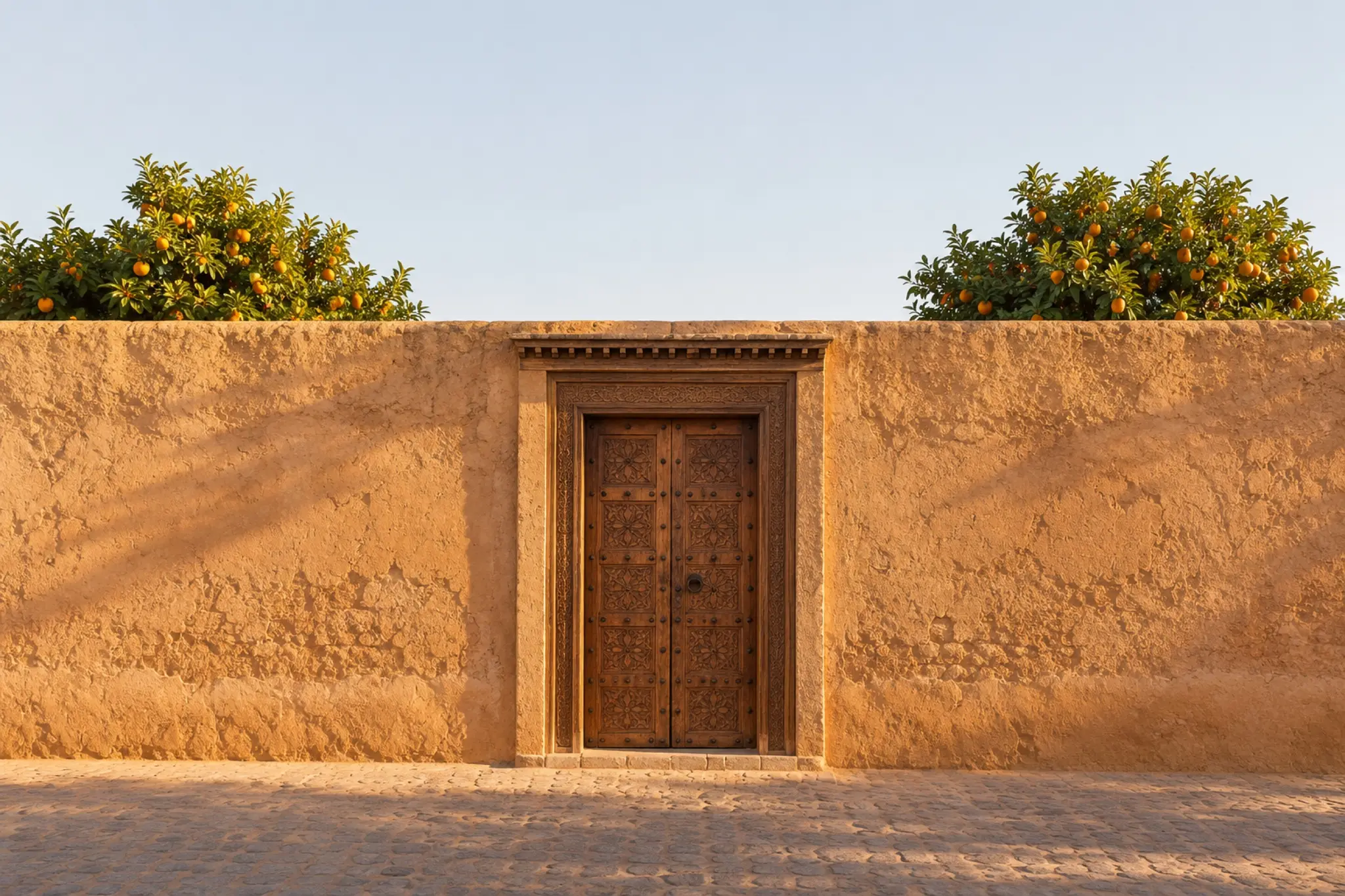 The ochre wall of Riad Al Ersa with its carved cedar door, orange trees above