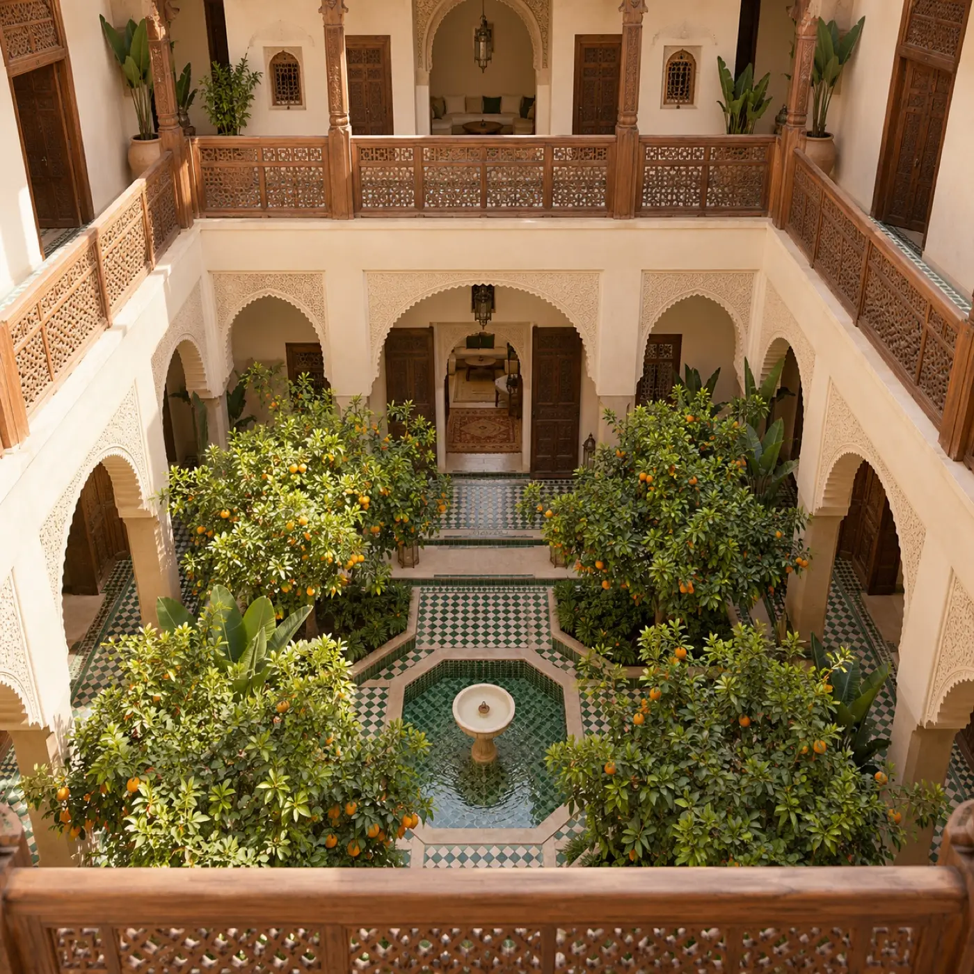 The carved cedar gallery around the garden, seen from above