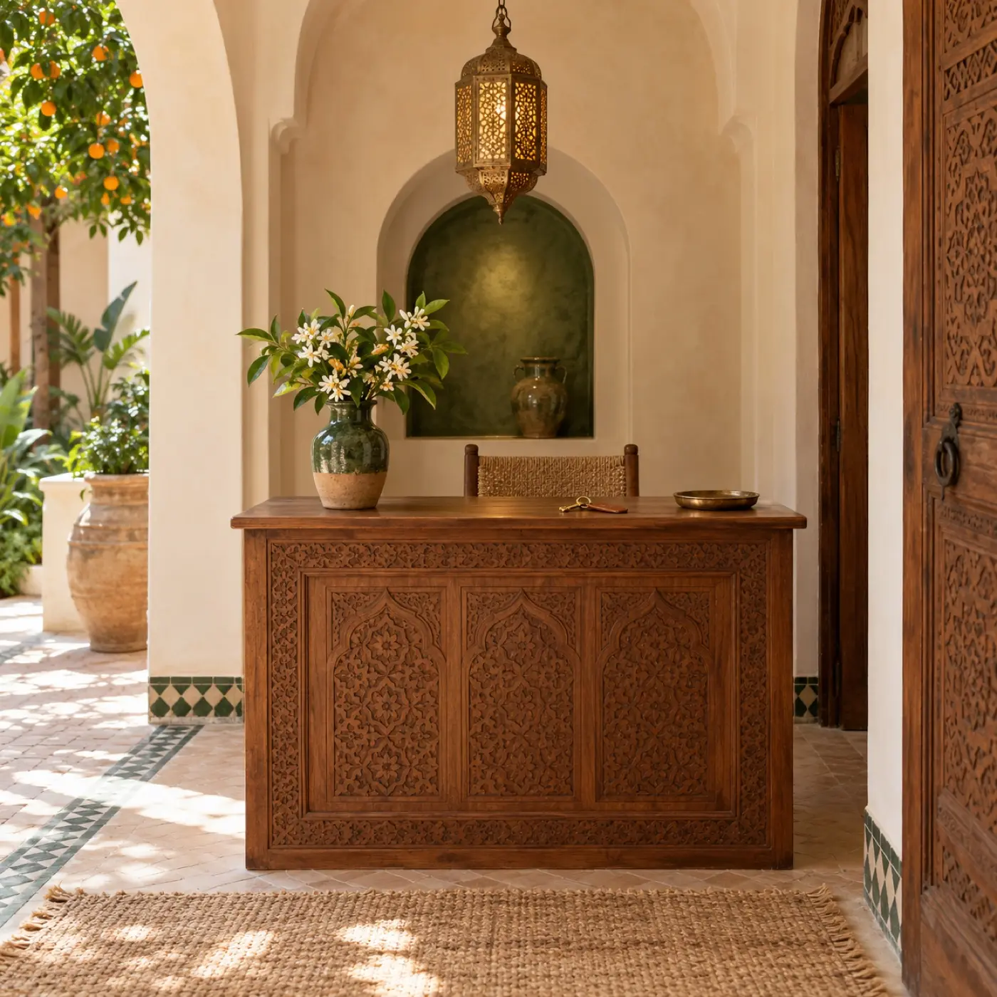 The reception nook: a cedar desk, a brass key and orange blossom