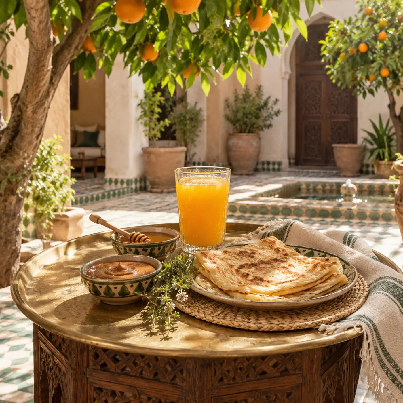 Orange juice, msemen and honey on a breakfast tray under the orange trees