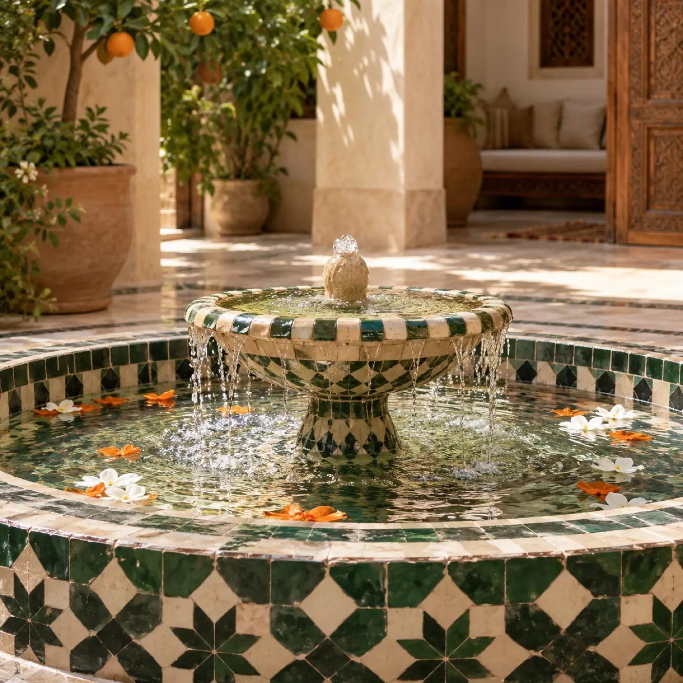 Water spilling over the green zellige fountain