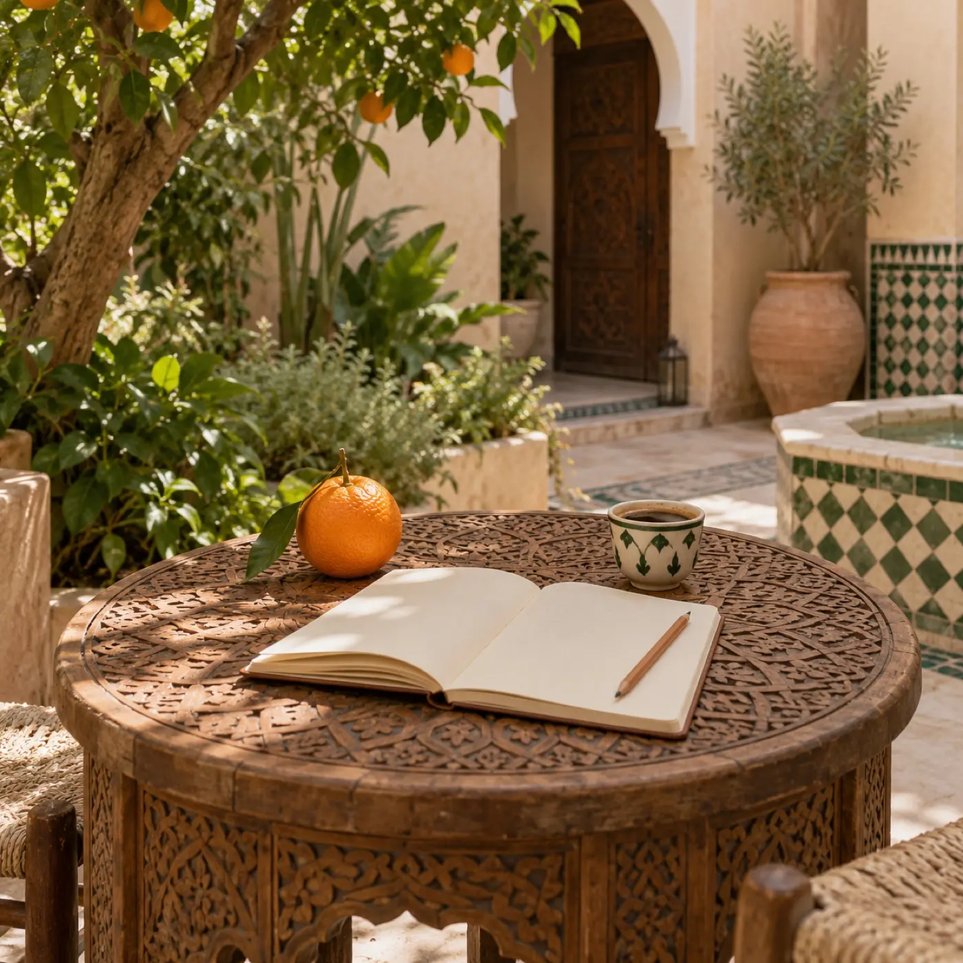 A notebook, coffee and an orange on a cedar table in the garden