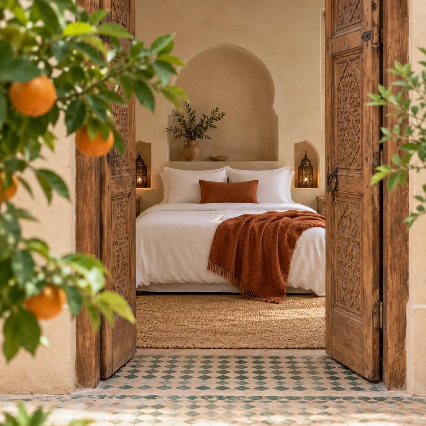 A bed with a rust wool throw seen through an open cedar door