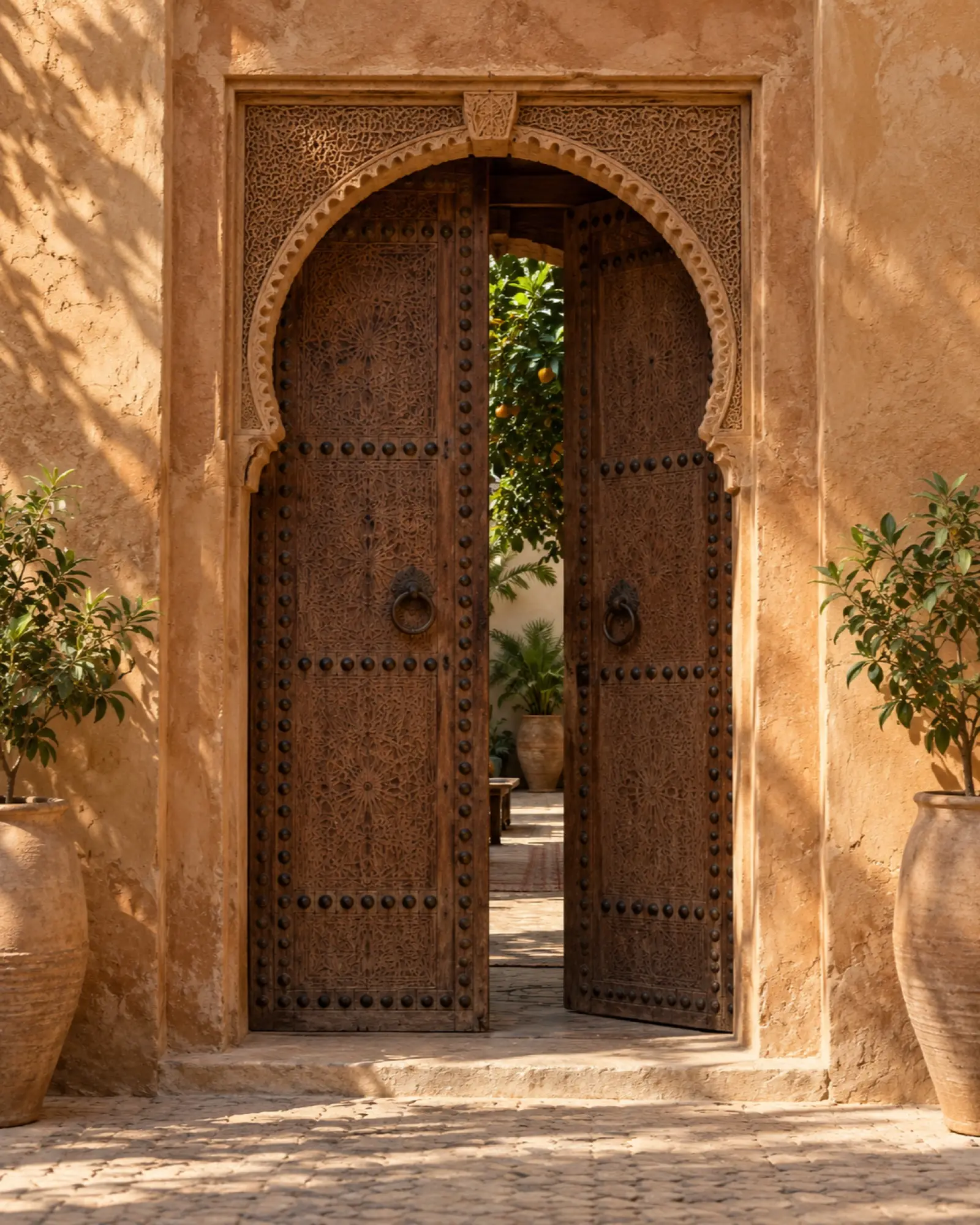 The carved cedar door of the riad, one leaf open onto the garden