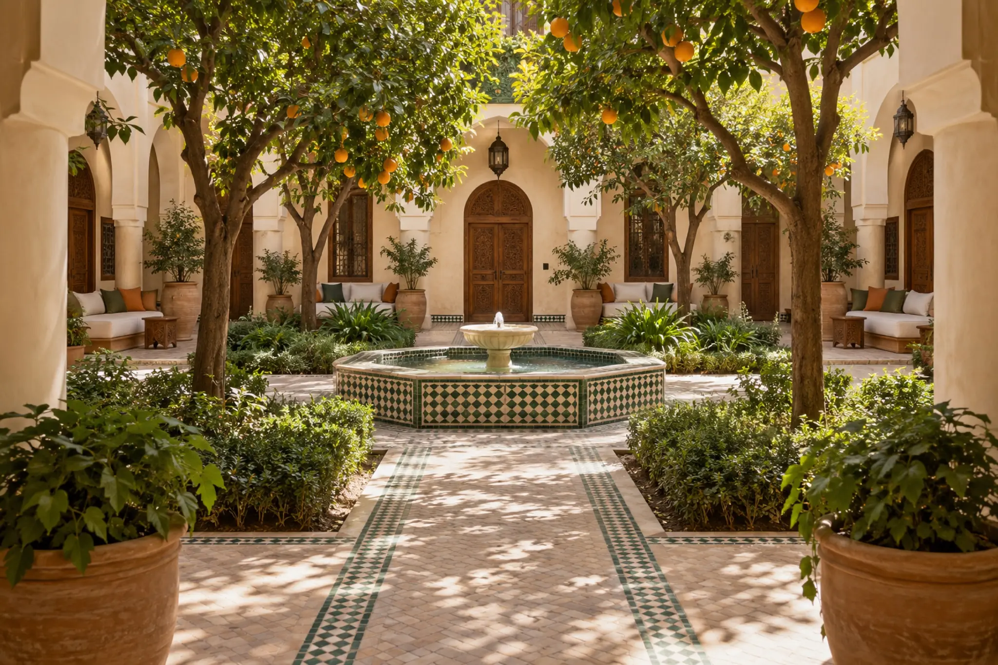 The garden from the shaded arcade: a path to the fountain between orange trees