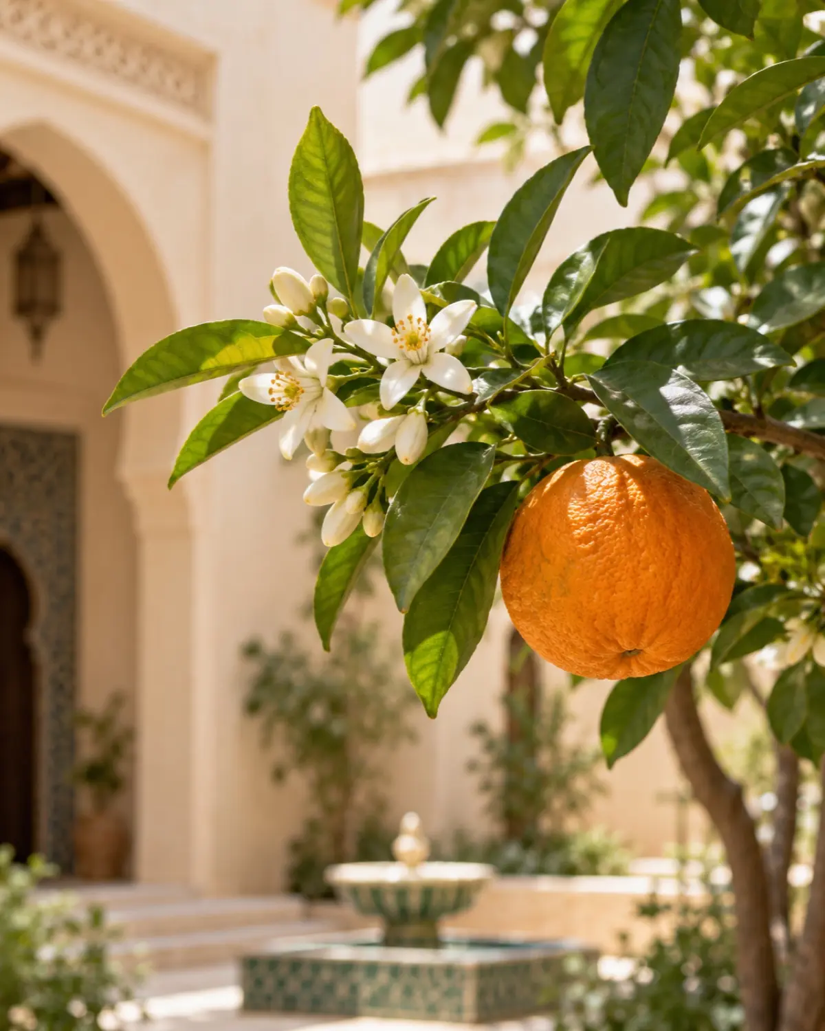 Orange blossom and a bitter orange on the branch