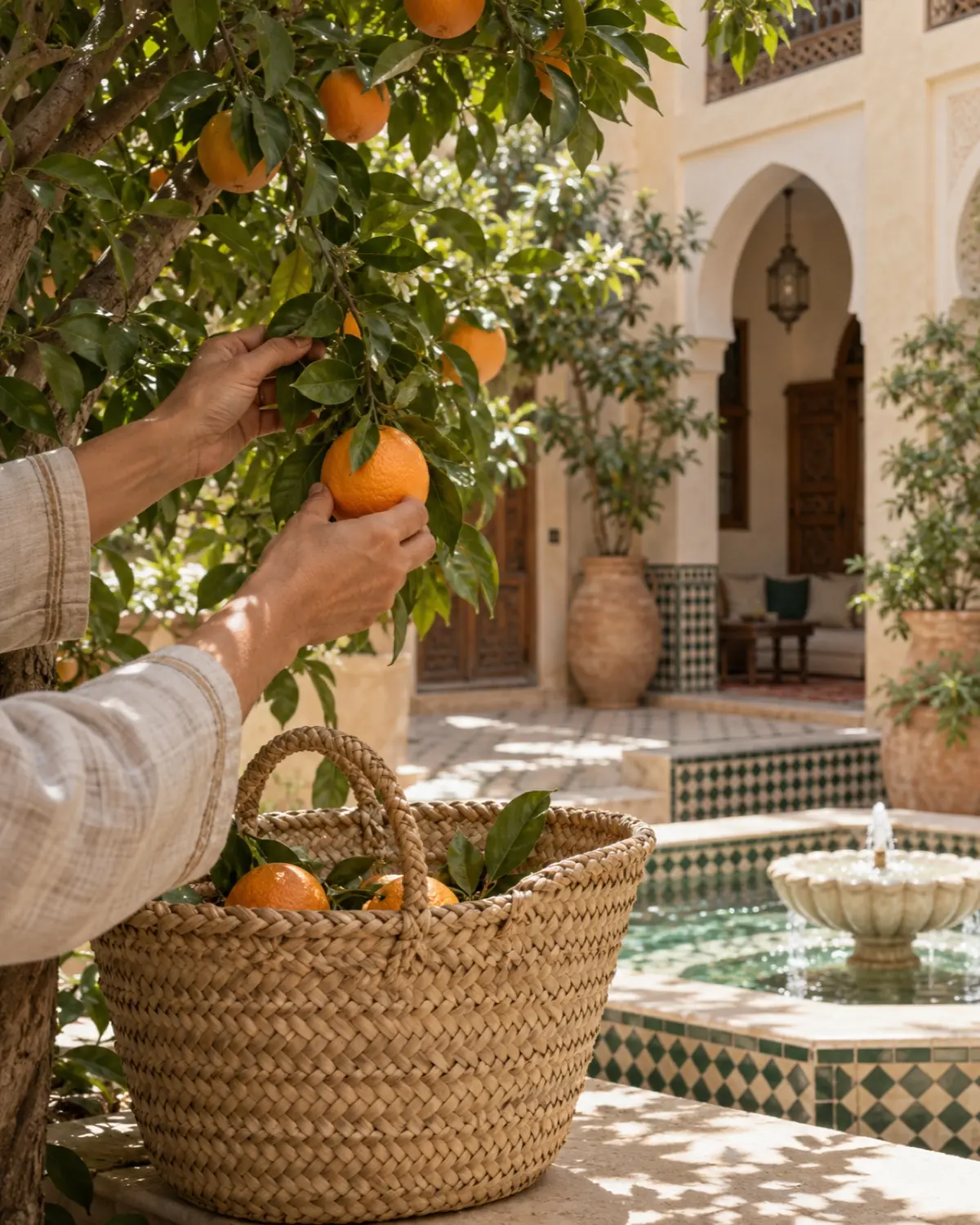 Hands picking oranges into a palm basket
