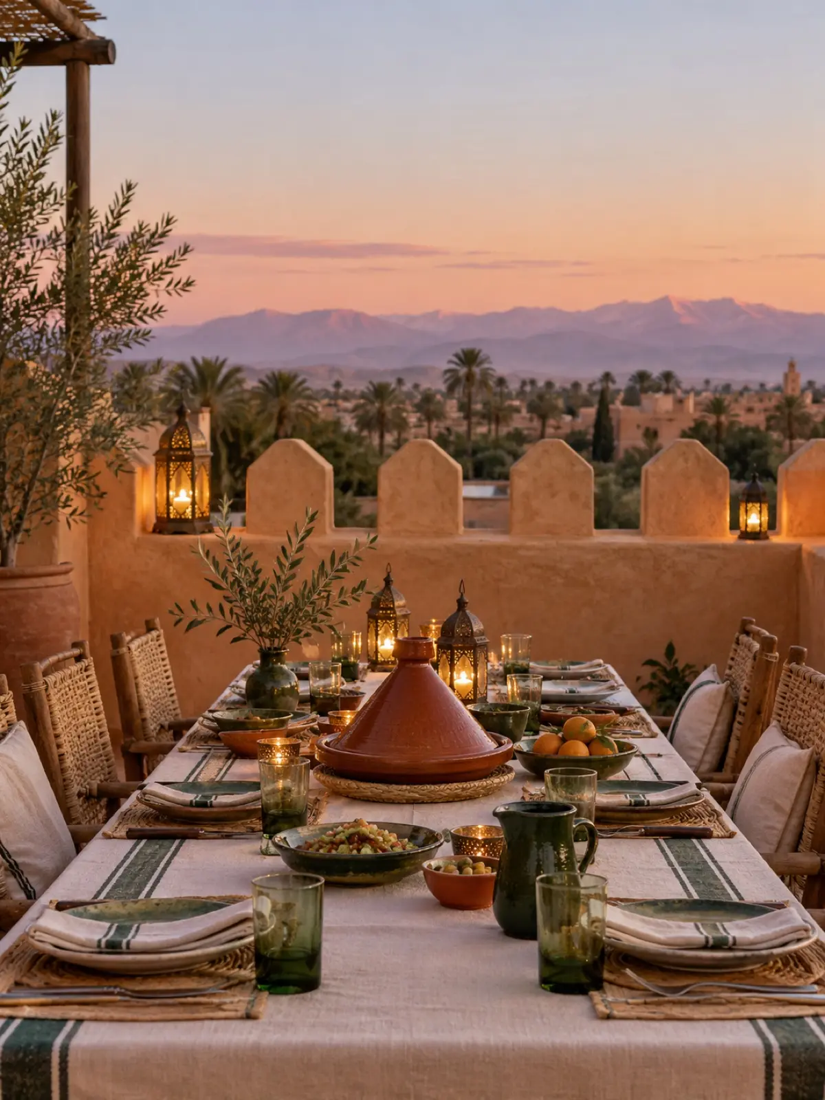 Dinner on the roof terrace at dusk, the High Atlas on the horizon